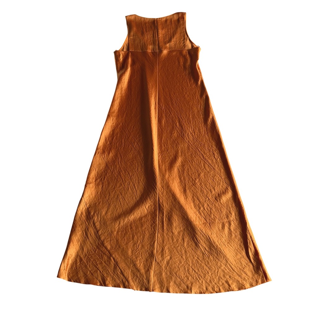 Vince NWT Satin Crinkle Sleeveless Tank Scoopneck Deep Orange Midi Slip Dress M - Picture 2 of 9